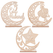 Eid Mubarak Wooden Ornaments, Ramadan Wood Tabletop Decoration, Moon with Star and Word, Blanched Almond, 3set/bag(WOOD-GF0001-08)