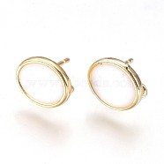 Brass Stud Earring Findings, with Loop, Enamel, Nickel Free, Flat Round, Real 18K Gold Plated, White, 10x8x2mm, Hole: 1.5mm, Pin: 0.8mm(KK-P153-22G-02-NF)