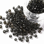 Glass Seed Beads, Transparent, Round, Round Hole, Gray, 6/0, 4mm, Hole: 1.5mm, about 500pcs/50g, 50g/bag, 18bags/2pounds(SEED-US0003-4mm-12)
