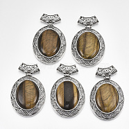 Natural Tiger Eye Big Pendants, with Alloy Findings, Oval, Antique Silver, 60x46x15mm, Hole: 8x5mm(G-S353-07F)