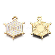 Light Gold Plated Alloy Pendants, with Enamel, Spider Web, White, 20x16.5x1.5mm, Hole: 2mm(ENAM-T009-14B)