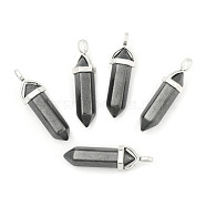 Natural Black Stone Double Terminated Pointed Pendants, with Random Alloy Pendant Hexagon Bead Cap Bails, Bullet, Platinum, 36~45x12mm, Hole: 3x5mm, Gemstone: 10mm in diameter(G-F295-04M)