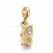 Ion Plating(IP) 304 Stainless Steel Charms, with Rhinestone and Tube Bails, Butterfly, Crystal, Golden, 14.6mm, Pendant: 9.7x5x2.2mm, Hole: 2.5mm(STAS-F259-053G)
