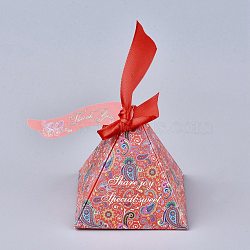 Pyramid Shape Candy Packaging Box, Happy Day Wedding Party Gift Box, with Ribbon and Paper Card, Flower Pattern, Red, 7.5x7.5x7.6cm, Ribbon: 23~24.7x1.9cm, Paper Card: 6.5x2.7cm(CON-F009-01J)