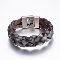 Braided Leather Cord Bracelets, with Alloy Clasps, Coconut Brown, 8-1/4 inch(210mm), 20x7mm(BJEW-P169-F01)