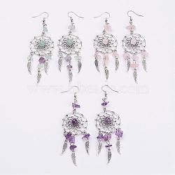 Woven Net/Web with Feather Alloy Dangle Earrings, with Mixed Stone Beads and Brass Earring Hooks, 102mm, Pin: 0.5mm(EJEW-JE02338)