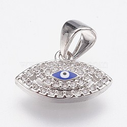 Brass Micro Pave Cubic Zirconia Charms, with Enamel, Eye, Platinum, 9x14x2.5mm, Hole: 3.5x4.5mm(ZIRC-F084-26P)