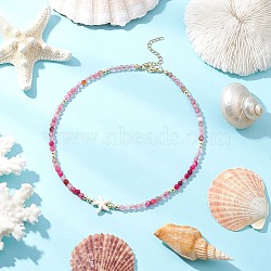 Summer Beach Dyed Natural Agate Round Beaded Necklaces, Synthetic Turquoise Starfish Necklaces, Golden, 14.76 inch(37.5cm) Long+50mm Extender(NJEW-JN05262-01)