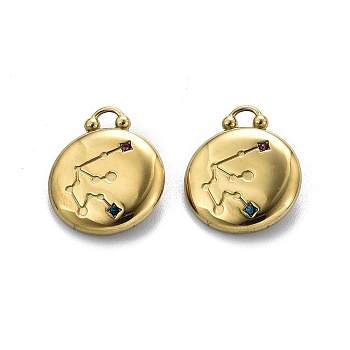 PVD Vacuum Plating 304 Stainless Steel Rhinestone Pendants, Flat Round with Constellations Charm, Real 18K Gold Plated, Aquarius, 20.5x16.5x3.5mm, Hole: 2.5mm