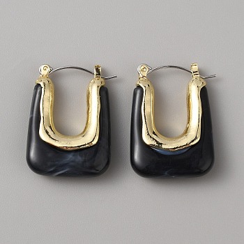 Acrylic Rectangle Hoop Earrings, Golden Alloy Jewelry for Women, Black, 30x22x8mm, Pin: 0.8mm