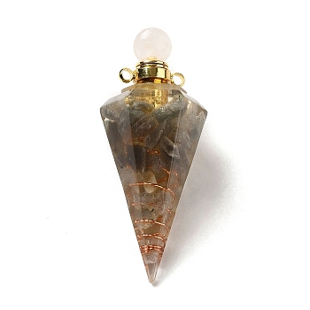 Natural Labradorite Perfume Bottle Pendants, Resin Faceted Cone Charms with Golden Plated Brass Screw Cap, 46.5~48x19~20x17~18mm, Hole: 1.8mm