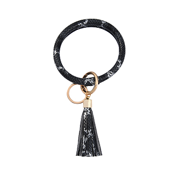 Snakeskin Pattern PU Imitaition Leather Bangle Keychains, Wristlet Keychain with Tassel & Alloy Ring, Black, 200x100mm
