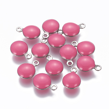 304 Stainless Steel Enamel Charms, Enamelled Sequins, Flat Round, Stainless Steel Color, Camellia, 10.5x8x3~3.5mm, Hole: 1.2mm