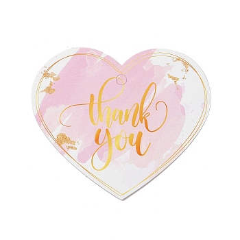 Coated Paper Thank You Greeting Card, Heart with Word Thank You Pattern, for Thanksgiving Day, Pink, 60x70x0.3mm, Hole: 4mm, 30pcs/bag