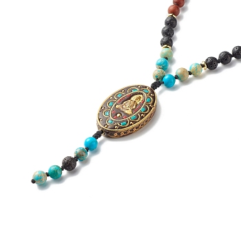 Ovl with Guan Yin Pendant Necklace, Natural Lava Rock & Imperial Jasper & Indonesia & Wood Beads Necklace, 108 Buddhist Prayer Beads Necklace, 42.52 inch(108cm)