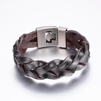 Braided Leather Cord Bracelets, with Alloy Clasps, Coconut Brown, 8-1/4 inch(210mm), 20x7mm