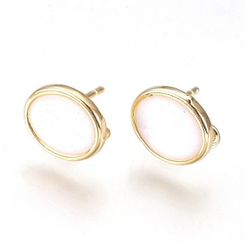 Brass Stud Earring Findings, with Loop, Enamel, Nickel Free, Flat Round, Real 18K Gold Plated, White, 10x8x2mm, Hole: 1.5mm, Pin: 0.8mm