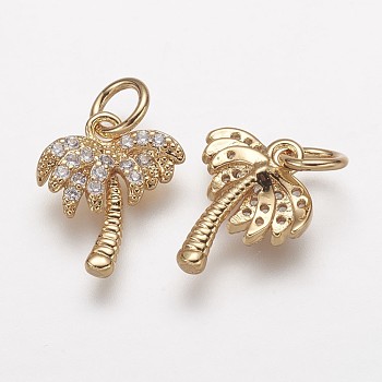 Brass Micro Pave Grade AAA Cubic Zirconia Charms, Lead Free & Nickel Free & Cadmium Free, Coconut Tree, Real 18K Gold Plated, 12.5x11x3mm, Hole: 3mm