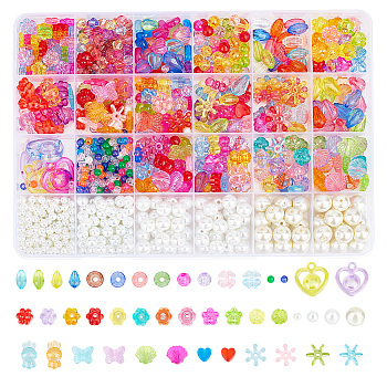 DIY Jewelry Making Finding Kit, Including Glass Pearl Beads, Acrylic Beads & Pendants, Oval & Butterfly & Flower & Heart & Candy & Lantern & Snowflake, Mixed Color, 960Pcs/box