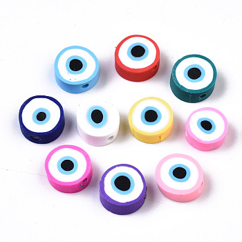 Handmade Polymer Clay Beads, Flat Round with Evil Eye, Mixed Color, 9~10x3.5~4.5mm, Hole: 1.5mm
