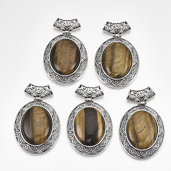 Natural Tiger Eye Big Pendants, with Alloy Findings, Oval, Antique Silver, 60x46x15mm, Hole: 8x5mm
