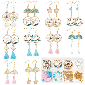 DIY Fan Bird Flower Dangle Earring Making Kit, Including Alloy Enamel Pendants & Link Connectors, Glass Pearl Beads, Polyester Tassels, Brass Earring Hooks, Mixed Color