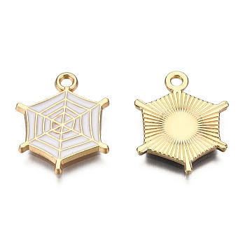 Light Gold Plated Alloy Pendants, with Enamel, Spider Web, White, 20x16.5x1.5mm, Hole: 2mm