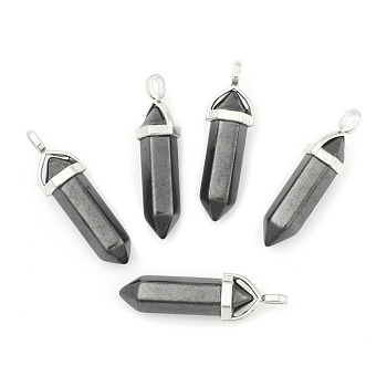 Natural Black Stone Double Terminated Pointed Pendants, with Random Alloy Pendant Hexagon Bead Cap Bails, Bullet, Platinum, 36~45x12mm, Hole: 3x5mm, Gemstone: 10mm in diameter