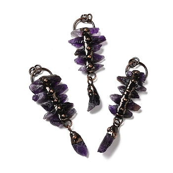 Natural Amethyst Big Pendants, Faceted Nuggets Charms, with Rack Plating Red Copper Tone Brass Findings, Cadmium Free & Lead Free, 100~106x32~38x11.5~13mm, Hole: 6mm