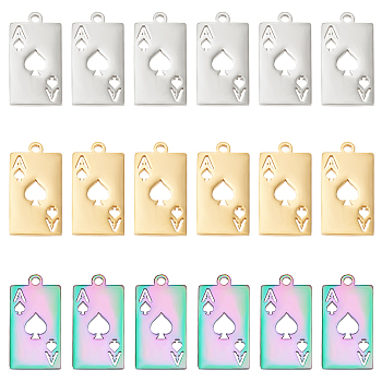 18Pcs 3 Color 201 Stainless Steel Pendants, Laser Cut, Playing Card A, Mixed Color, 19x10x1mm, Hole: 1.5mm, 6pcs/color