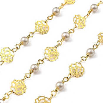 Brass Link Chains, with ABS Imitation Pearl, Unwelded, with Spool, Rose, Real 18K Gold Plated, 8x9x0.3mm, about 32.81 Feet(10m)/Roll