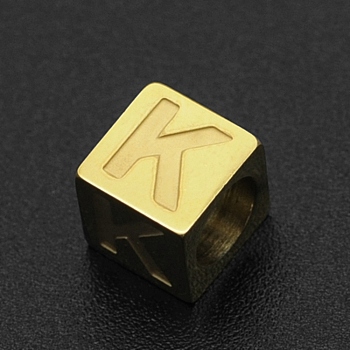 201 Stainless Steel European Beads, Large Hole Beads, Horizontal Hole, Cube, Golden, Letter.K, 7x7x7mm, Hole: 5mm