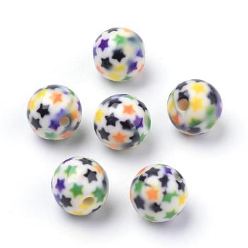 Opaque Printed Acrylic Beads, Round with Star Pattern, Colorful, 10x9.5mm, Hole: 2mm