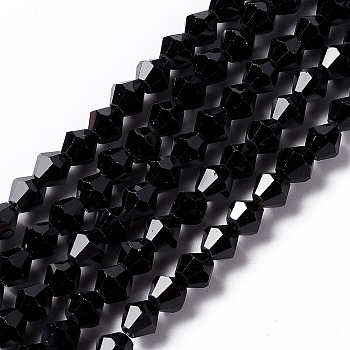 Imitation Austrian Crystal 5301 Bicone Beads, Faceted Glass Beads Strands, Black, 6x6mm, Hole: 1.2mm, about 44~47pcs/strand, 24.5~25cm