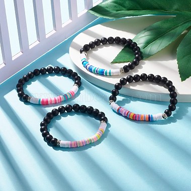 Synthetic Black Stone & Handmade Polymer Clay Heishi Beads Stretch Bracelet(BJEW-JB07509)-4