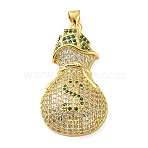 Brass Micro Pave Clear and Green Cubic Zirconia Pendants, Money Bag Charms, Real 18K Gold Plated, 39.5x22x9.5mm, Hole: 3.5x3mm(KK-H279-02G)