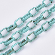 Handmade Acrylic Cable Chains, Imitation Gemstone Style, Two Tone Color, Flat Oval, Dark Turquoise, 19x12x4.5mm, about 39.37 inch(1m)/strand(SACR-N006-009C)