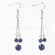 Natural Lapis Lazuli Dangle Earrings, with 304 Stainless Steel Earring Hooks and Iron Eye Pins, Round, 77~78mm, Pendant: 57~58mm, Pin: 0.6mm(EJEW-JE02813-05)