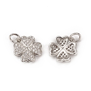 Brass Micro Pave Cubic Zirconia Charms, with Jump Ring, Clover Charm, Platinum, 12x11x2mm, Hole: 3mm(KK-E068-VB112)