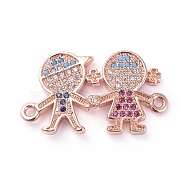 Valentine's Day Theme, Brass Micro Pave Cubic Zirconia Links connectors, Boy and Girl/Lover, Colorful, Rose Gold, 13.5x23.5x2mm, Hole: 1.2mm(ZIRC-K081-85RG-A)