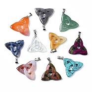 Triangle Natural & Synthetic Mixed Stone Pendants with Brass Clasps, Platinum Metal Color, Mixed Color, 34x33x5.5mm, Hole: 10x4mm(G-R220-09)