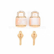 Brass Micro Pave Clear Cubic Zirconia Charms, with Freshwater Shell, Nickel Free, Lock with Key, Real 18K Gold Plated, Lock: 12.5x8x4mm, Hole: 3.5mm, Key: 11.5x4.5x1, Hole: 0.8mm(KK-T062-159G-NF)