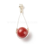 Natural Carnelian Pendants, with Silver Copper Wire Wrapped, Round, 40x15x12mm, Hole: 2mm(PALLOY-JF01112-01)
