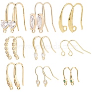PandaHall Elite 18Pcs 9 Style  Brass Earring Hooks, Ear Wire, with Clear Cubic Zirconia & Rhinestone, Cadmium Free & Lead Free, Real 18K Gold Plated, 13~23x7.5~22x0.5~5mm, Hole: 1~2.5mm, Pin: 0.5~0.8mm, 2pcs/style(KK-PH002-82)