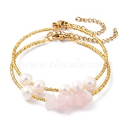 Plated Glass Bugle Beaded Bracelets Sets, Stackable Bracelets, with Chip Natural Rose Quartz Beads, Natural Pearl Beads and 304 Stainless Steel Lobster Claw Clasps, Golden, Inner Diameter: 2 inch(5.2cm), 2pcs/Set(BJEW-JB05493-01)