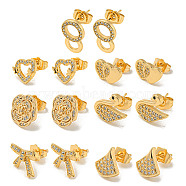 Light Gold Brass Micro Pave Cubic Zirconia Stud Earrings for Women, Mixed Shapes, 10~16x10~14mm(EJEW-E295-33KCG)