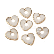 Natural Freshwater Shell Pendants, Brass Hollow Heart Charms, Golden, WhiteSmoke, 28x28x3.5mm, Hole: 1.5mm(SHEL-M021-05G)