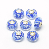 Handmade Lampwork European Beads, with Brass Single Core and Flower, Large Hole Beads, Rondelle, Platinum, Royal Blue, 14x7.5~8mm, Hole: 4.5mm(LAMP-T004-16C)