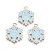 Christmas Style Alloy Enamel Pendants, Cadmium Free & Lead Free, Light Gold, Snowflake, Sky Blue, 21.5x16.5x1.5mm, Hole: 1.5mm(ENAM-Q442-67)
