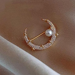 Alloy Glass Rhinestone Brooch, Plastic Imitation Pearl Vintage Women Badge for Valentine's Day, Moon, 32mm(PW-WG27359-07)